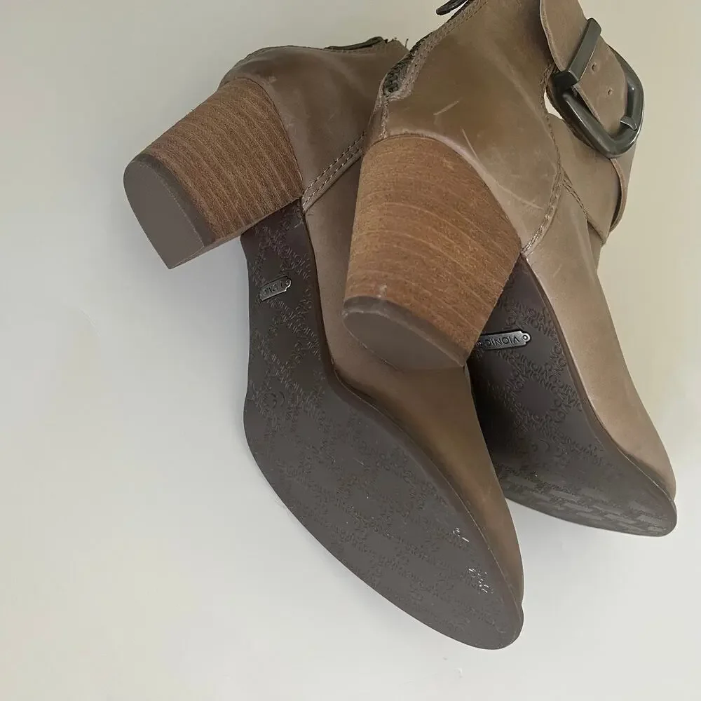 Vionic 'Rory' Women's 6 Taupe Leather Ankle Bootie Buckle Detail Almond Toe